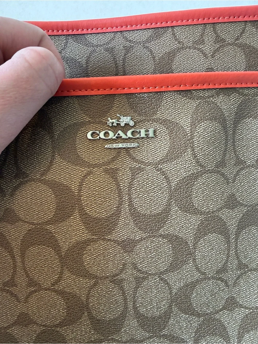 COACH Signature File Crossbody Bag (F58297) Brown Khaki, Bright Orange Straps